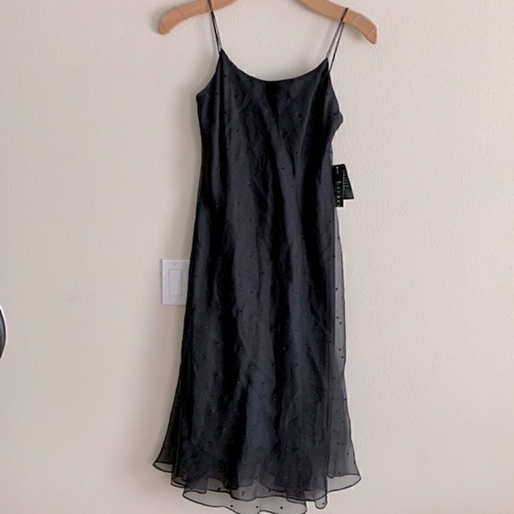 NWT Lauren Ralph Lauren Black 100% Silk Slip Gown Dress polka dot overlay Size 8